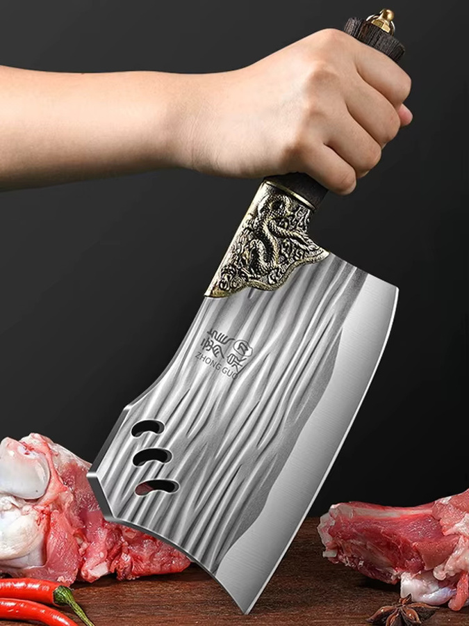 PTIEB Handschmiede Kochmesser aus Silber mit Holzgriff zum Schneiden von Fleisch, Gemüse und Knochen - Bild 5