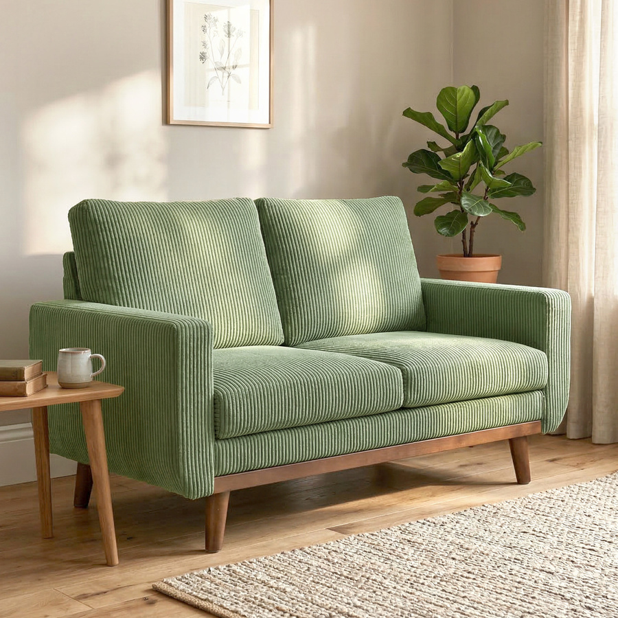 HOMCOM 2 Sitzer Cord Couch in Grün mit Holzlatten-Akzent und dicker Rückenlehne, modernes Sofa für Wohnzimmer und Schlafzimmer, Breite: 134 cm - Bild 2