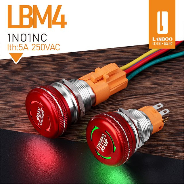 LANBOO Pilzförmiger Notfall-Druckknopfschalter 1NO1NC in Rot mit wählbarer Beleuchtung (16mm/19mm/22mm) - Bild 1