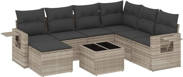 vidaXL 8-teilige Garten-Sofagarnitur in L-Form mit Kissen und Couchtisch, Hellgrau, Poly-Rattan und Metallrahmen - Bild 1