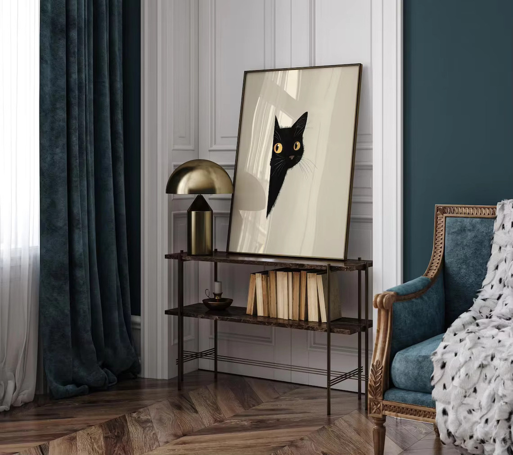 Minimalistisches Poster von SHENCHEN mit abstrakter Zeichnung einer schwarzen Katze in Erdtönen - Bild 2