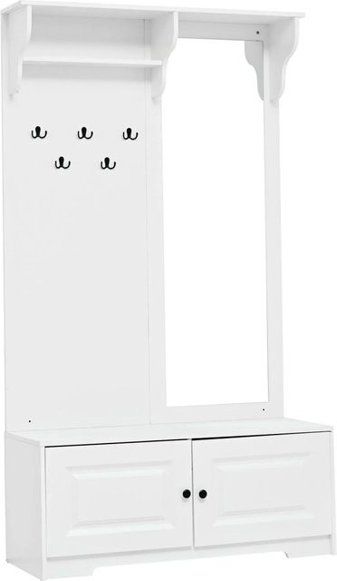 okwish Garderobe mit Spiegel und Sitzbank in Weiß, moderne Flurkommode mit Haken und Stauraum, B/T/H: 100 x 40 x 180 cm - Bild 1