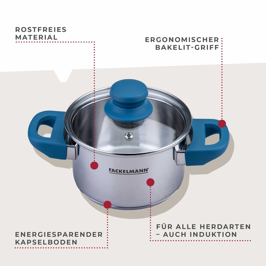Fackelmann Kochtopf Essential mit Glasdeckel aus Edelstahl, Durchmesser: 14 cm, Blau - Bild 3