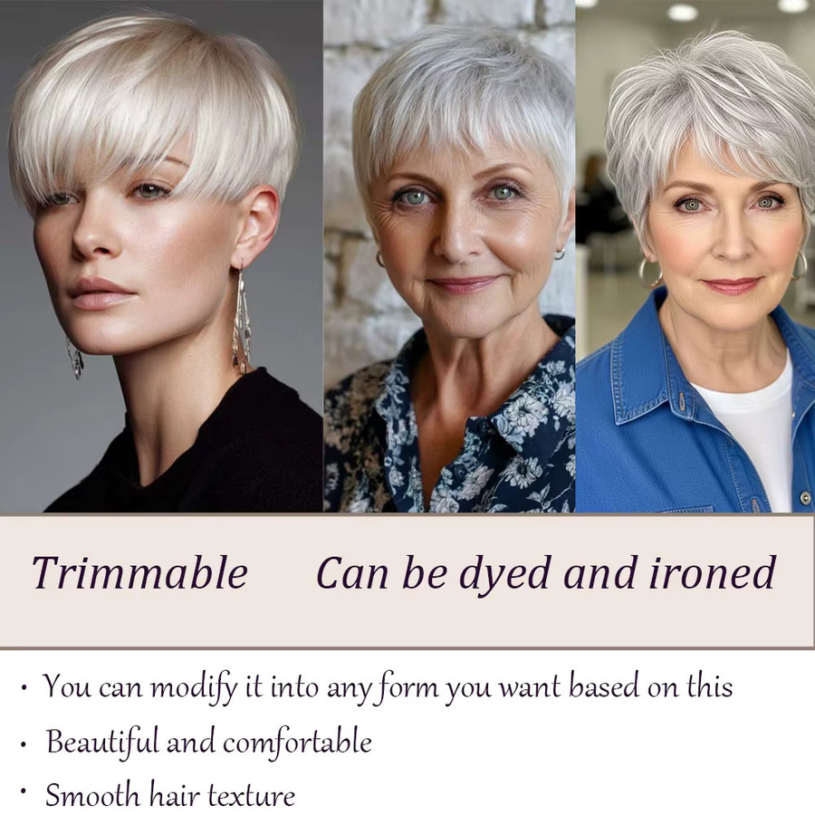OYM HAIR Pixie-Schnitt-Perücke, Remy-Echthaar, silbergrau, Damen - Bild 3
