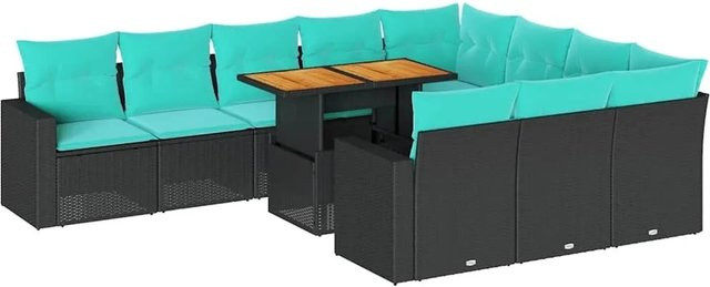 vidaXL Garten-Sofagarnitur aus Poly-Rattan und Akazienholz, 11-teiliges Set mit Kissen, Schwarz und Blau - Bild 1