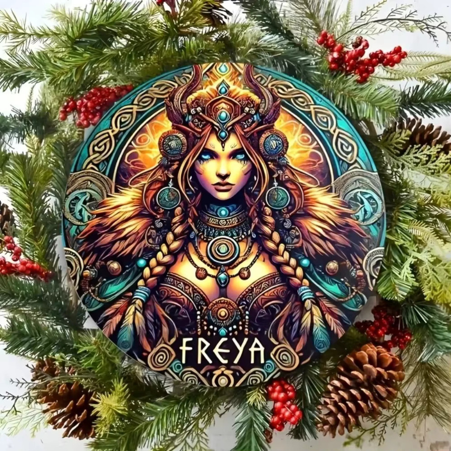 Vintage Blechgemälde Potdemiel Freya-Göttin Wandkunst mit Rüstung und Federdesigns - Bild 3
