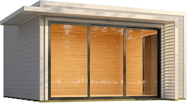 Weka Gartenhaus Amberley mit Schiebetür und 2 Fenstern, Flachdach und Lamellenvordach, Grau-Weiß, B x T: 400 x 400 cm - Bild 1
