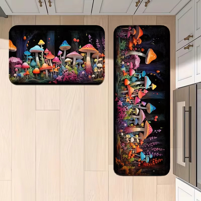 VIKAMA 2-teiliges Set Fantasy-Küchenmatten mit buntem Pilz-Design, rutschfeste Teppiche für Küche, Schlafzimmer oder Eingangsbereich, mehrfarbig - Bild 2
