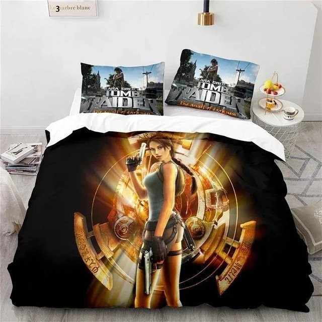 Tomb Raider Bettwäsche Set mit 3D-Druck aus Mikrofaser, Bettbezug und Kissenbezug, Mehrfarbig, B: 172 cm, L: 218 cm - Bild 1