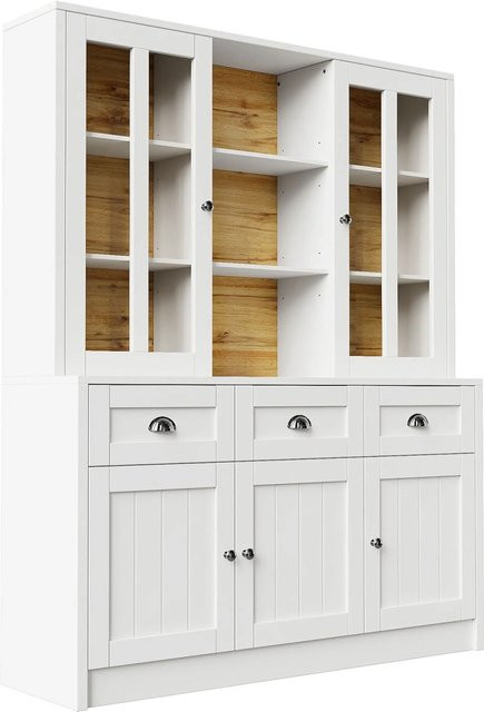 okwish Vitrinenschrank mit Schubladen und Glastüren in Weiß, minimalistisches Design für Wohnzimmer und Küche, B/T/H: 140 x 38,5 x 175 cm - Bild 1