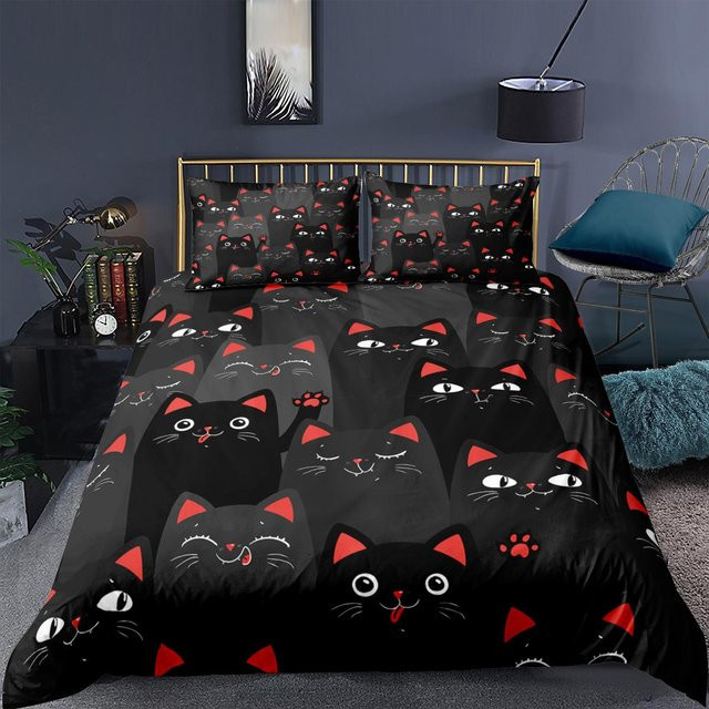 Binchi Bettwäsche-Set mit 3D-Katzenmotiv in Schwarz, bestehend aus Bettbezug und Kissenbezug aus Mikrofaser, B/H: 160 x 200 cm - Bild 1