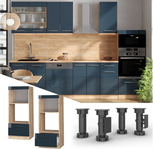 Vicco Mikrowellenschrank Fame-Line Eiche Dunkelblau Hochglanz mit Schublade und Soft-Close-Scharnieren Breite: 60 cm - Bild 1