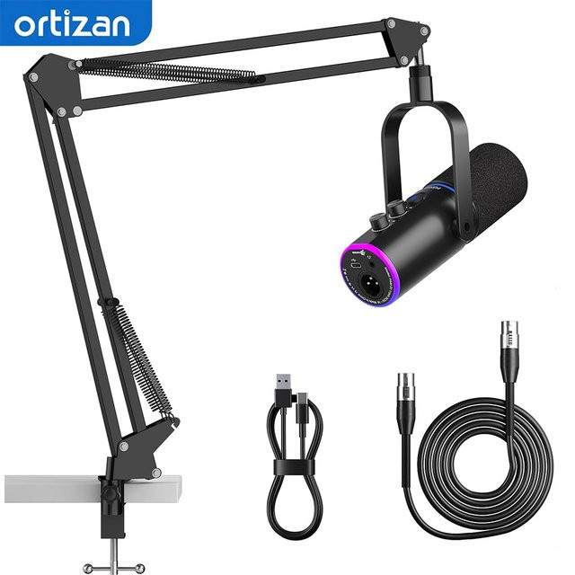 ORTIZAN XLR/USB-Podcast-Mikrofon in Schwarz mit Mikrofonarm-Ständer, Geräuschunterdrückung und Stummschalttaste - Bild 1