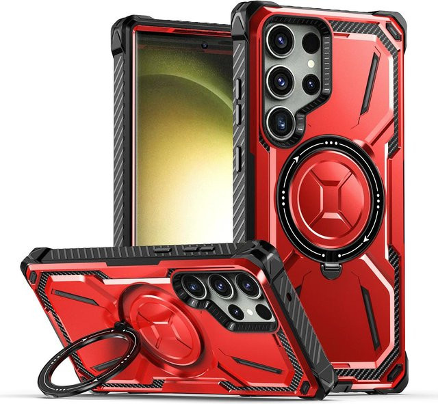 Stoßfeste Samsung Galaxy Handyhülle mit magnetischem Ring und Ständer in Rot für Galaxy S24, S23 Ultra, S23, S22 und S21 Plus - Bild 1