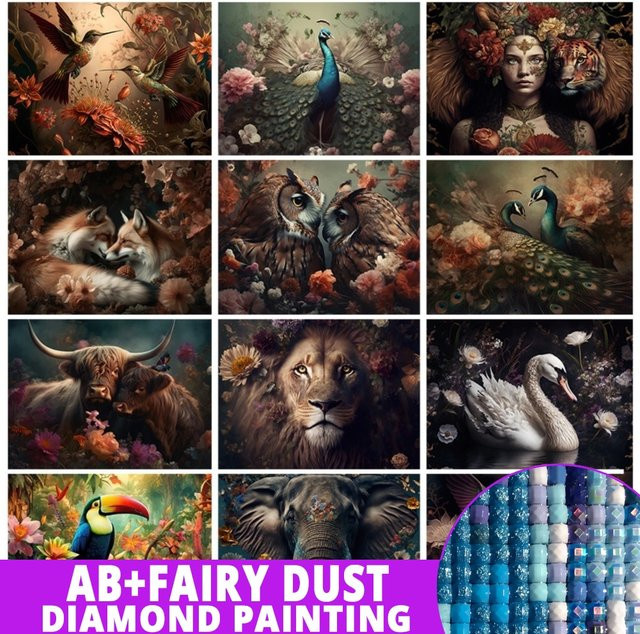 Potdemiel DIY Diamond Painting Set Dschungel Tiere Motiv mit Tiger Giraffe Elefant und Kolibri in Multicolor - Bild 1