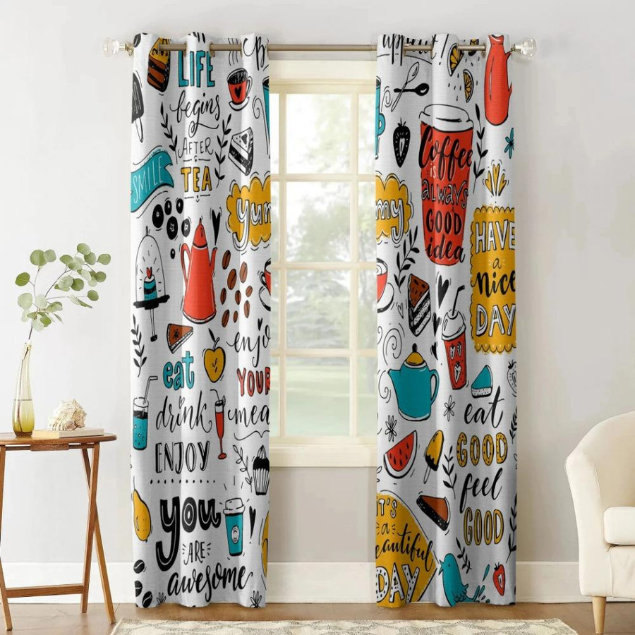 Yiran Furniture Vorhangpaneel Set mit Kaffee-Motiv, 2 Stück, halbtransparent, Polyester, B: 60 cm, H: 100 cm - Bild 3