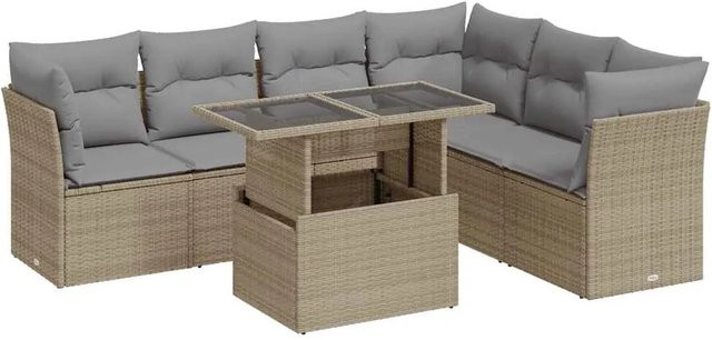 vidaXL 7-teilige Garten-Sofagarnitur aus Poly-Rattan mit Kissen in Beige und Hellgrau - Bild 1