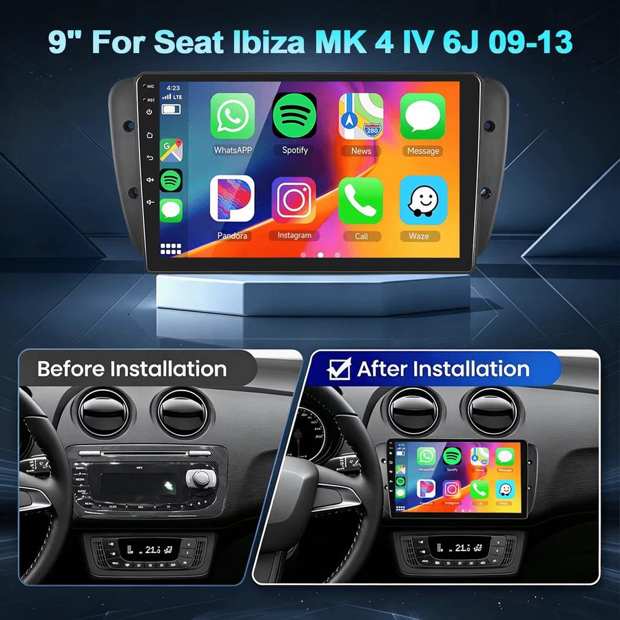 ESSGOO Android 15 Autoradio mit 9 Zoll IPS Touchscreen für Seat Ibiza MK 4 IV 6J 2009-13, Wireless Carplay und Android Auto, GPS, Bluetooth, Wifi, Schwarz - Bild 3