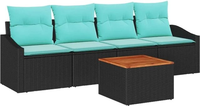 vidaXL Gartensofa-Set aus Poly-Rattan und Akazienholz in Schwarz mit Kissen, 5-teilig - Bild 1