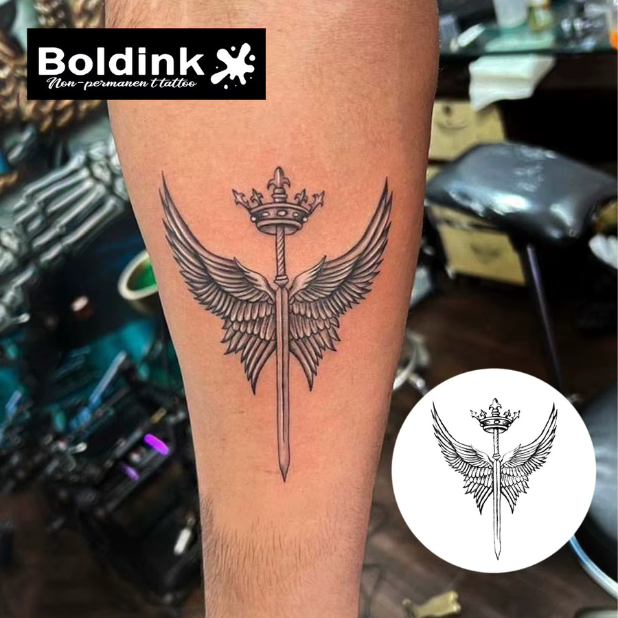 Boldink Temporäres Tattoo Kröntes Schwert mit Flügeln, wasserfest - Bild 2
