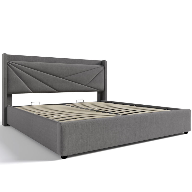 Modernes Doppelbett Aosom mit Stauraum und USB-Typ-C-Ladefunktion aus Leinen in Grau, B/T/H: 160 x 200 x 107 cm (Höhe: 166 cm) - Bild 2