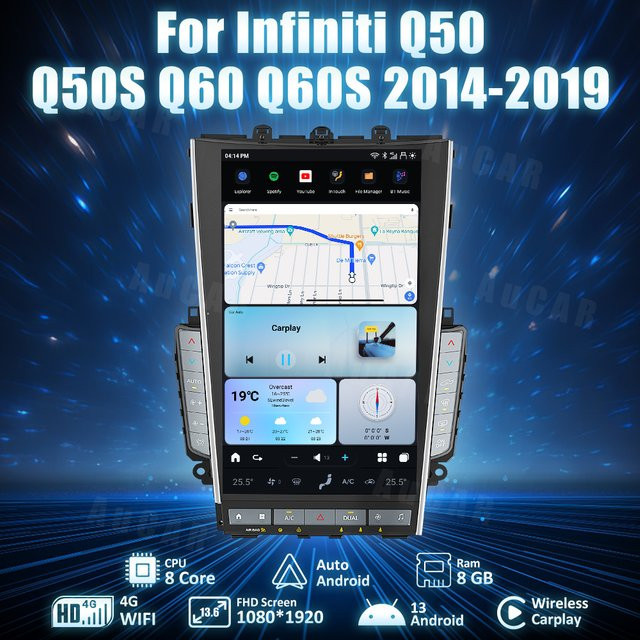AuCar Mark7 T-Style Android Head Unit Radio für Infiniti Q50 Q50S Q60 Q60S 2014-2019 mit GPS und 13,6 Zoll Display in Schwarz - Bild 1
