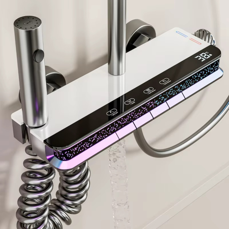 Digitales Duschsystem mit LED-Licht und Warm-Kalt-Armatur aus Messing in Weiß von washower - Bild 5