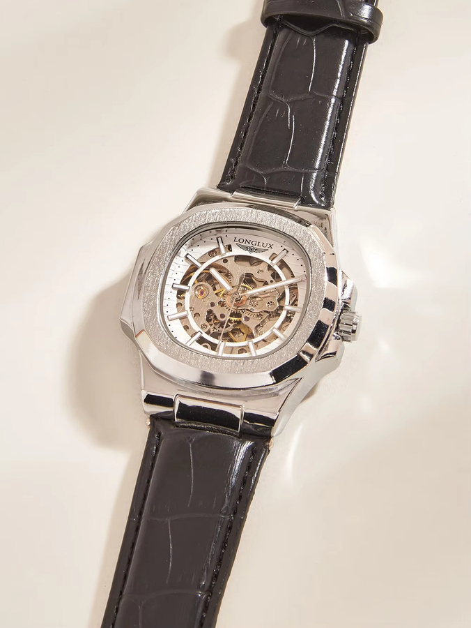 LONGLUX Automatik-Armbanduhr, Edelstahl, Leder, Schwarz, Herren - Bild 2