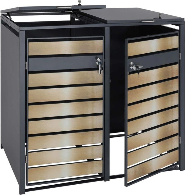 PROREGAL Mülltonnenbox 2er Set aus verzinktem Stahl in Anthrazit mit Gold Schlitzoptik, B: 117 cm, T: 132 cm, H: 80 cm - Bild 1