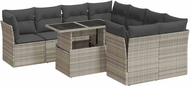 vidaXL 9-teilige Garten-Sofagarnitur in L-Form aus Poly-Rattan in Hellgrau mit Sitzkissen und Stauraum - Bild 1