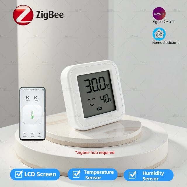 Gleco Zigbee 3.0 Temperatur- und Feuchtigkeitssensor mit LCD-Bildschirm als Hygrometer und Thermometer für Tuya, Z2M und Home Assistant Automatisierung in Weiß und Braun - Bild 1