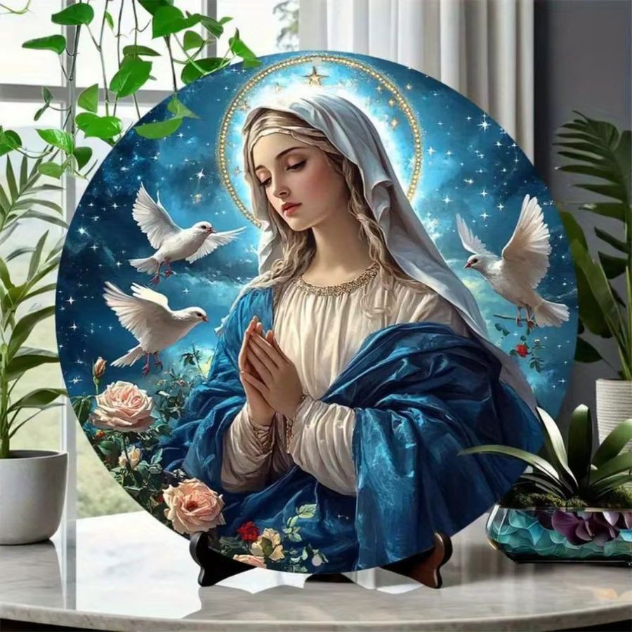 HELLOYOUNG Religiöse Wandkunst Jungfrau Maria mit Sternennacht und Taubenblumen-Design aus Aluminium, Höhe: 20,3 cm, Breite: 20,3 cm, Tiefe: 1,0 cm - Bild 3