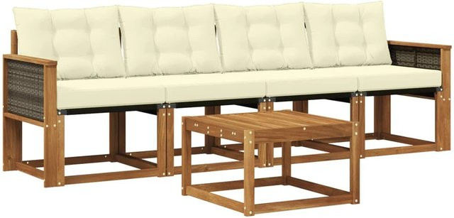 vidaXL Outdoor-Sofagarnitur aus Akazienholz mit 3-Sitzer-Sofa, Couchtisch und 5 Kissen in Natur und Beige - Bild 1
