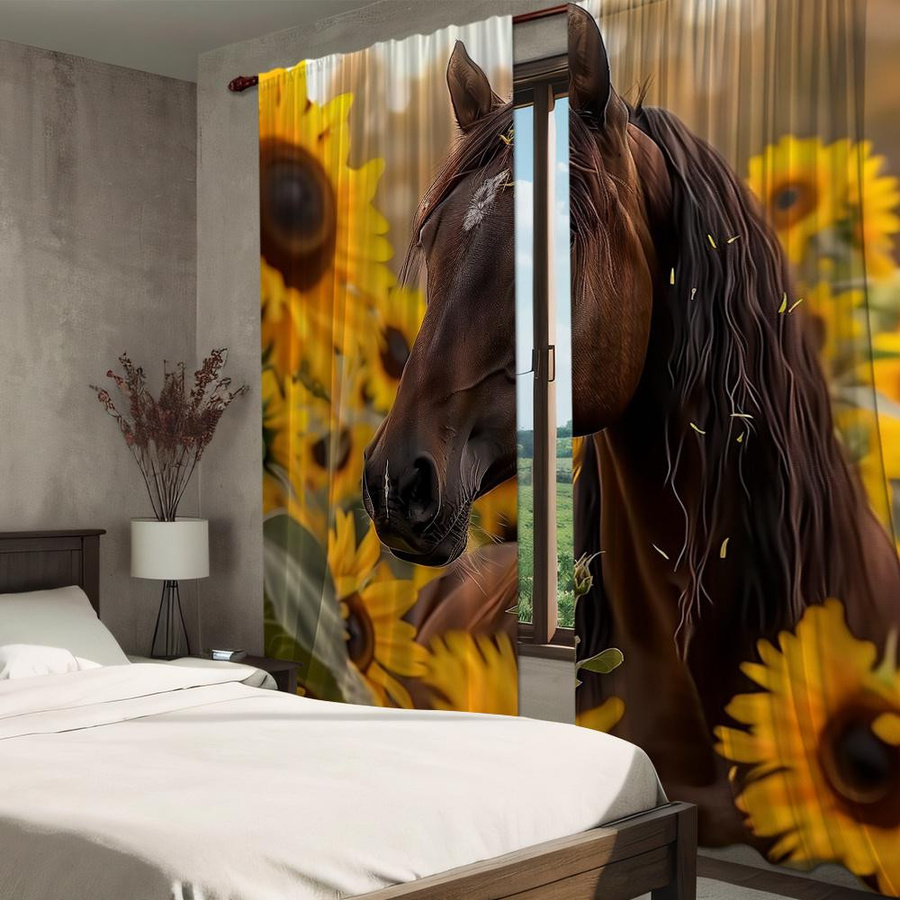 Yiran Furniture Vorhänge mit Pferd und Blumenmuster im Digitaldruck, 2er-Set, halbtransparent, Polyester, Mehrfarbig, B: 50 cm, H: 130 cm - Bild 2