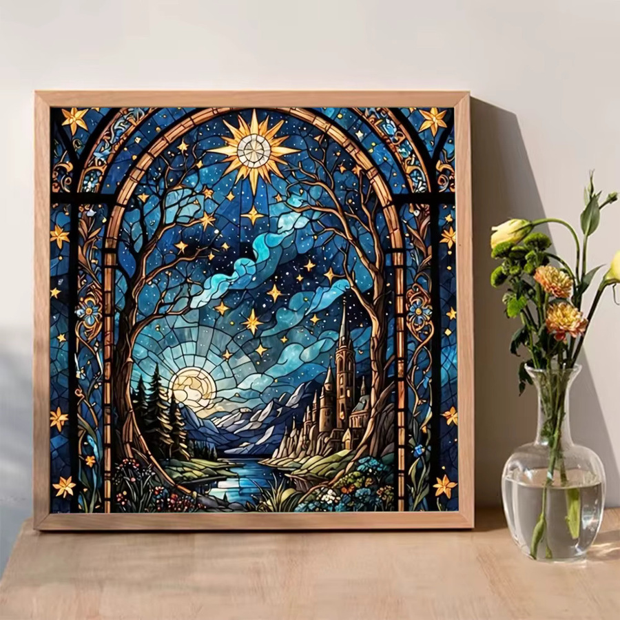 Momoart Diamantmalerei Sonnenuntergang Landschaft mit Schloss als DIY Mosaik-Set für Anfänger, Mehrfarbig, Breite: 20 cm, Höhe: 20 cm - Bild 3