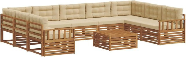 vidaXL Sofagarnitur aus Massivholz Akazie in Natur und Beige, 10-teiliges Set mit wetterfesten Polstern und Latten-Design - Bild 1