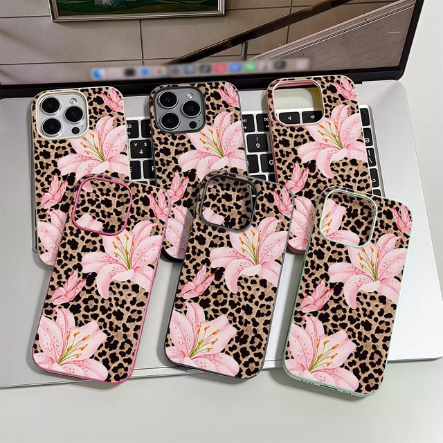 Handyhülle mit Leopardenmuster und Lilien-Blumen im Y2K-Stil für Apple iPhone 11 bis iPhone 17 Pro Max in Rosa und Weiß - Bild 1