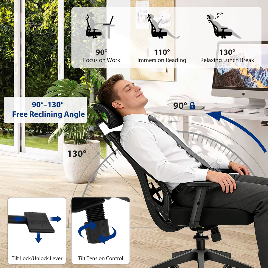 Durrafy Ergonomischer Bürostuhl in Schwarz mit verstellbarer Kopfstütze und Lendenwirbelstütze, moderner Netz-Computerstuhl mit Armlehnen und Höhenverstellbarkeit, Belastbarkeit bis 150 kg - Bild 4