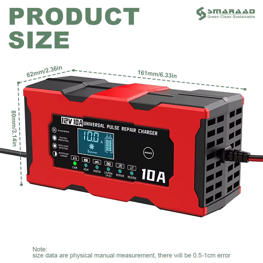 SMARAAD Intelligentes 12V 10A Batterieladegerät für Kfz-Batterien in Rot, geeignet für Blei-Säure, Lithium-Eisen, AGM und GEL Batterien mit Schnellladefunktion und Wartungsmodus - Bild 2