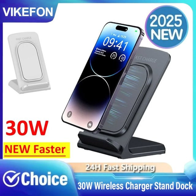 VIKEFON 30W Drahtloses Ladegerät mit Standfunktion für iPhone, Samsung und Xiaomi, Schnellladestation für Smartphone, erhältlich in Schwarz oder Weiß - Bild 1