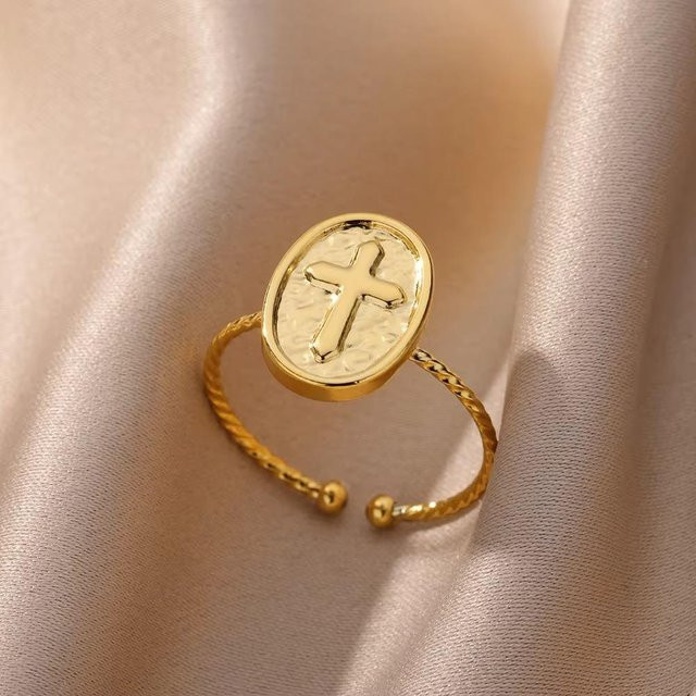 Kreuzring Edelstahl, Gold, Vintage, Damen - Bild 1