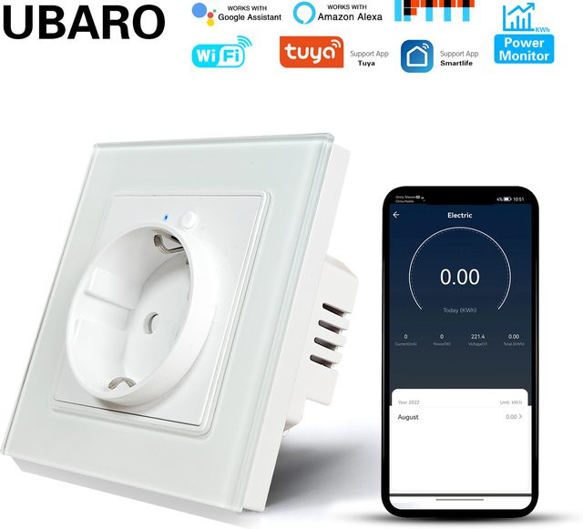 UBARO WLAN Smart Wandsteckdose mit Energiemonitor, Tuya App-Steuerung und Sprachsteuerung für Alexa und Google, 16A 3680W, Weiß, B/H: 8,6 x 8,6 cm - Bild 1