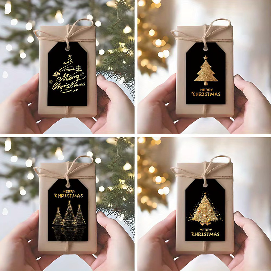 48 Stück Weihnachtsgeschenkanhänger in Schwarz und Gold mit Baumdesign und Hanfseil aus Papier - Bild 6