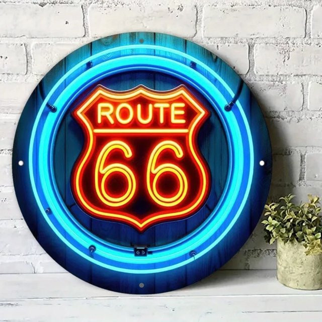 CIFBUY Vintage Route 66 Metall-Wandschild aus Aluminium in Blau und Orange, Rund - Bild 1