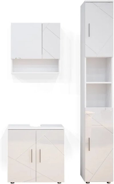 Vicco Badmöbel Set Irma in Weiss Hochglanz bestehend aus Spiegelschrank, Hochschrank und Waschtischunterschrank - Bild 2