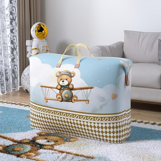 SZwatch Umzugs-Aufbewahrungstasche mit Teddybär-Flugzeug-Design aus Vliesstoff in Weiß, Organizer für Kleidung und Bettzeug, B/T/H: 50 x 40 x 10 cm - Bild 1
