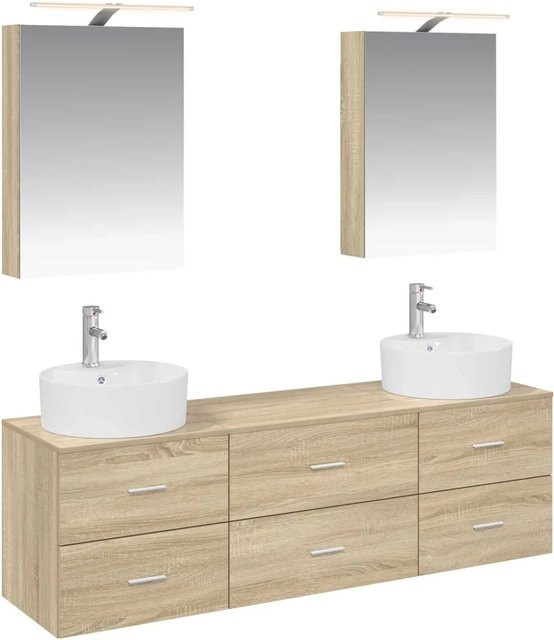 vidaXL Badezimmermöbel-Set 5-teilig in Sonoma-Eiche mit Spiegelschrank, Waschtischunterschrank und Wandschrank, modern mit LED-Beleuchtung und Glas, Braun - Bild 1