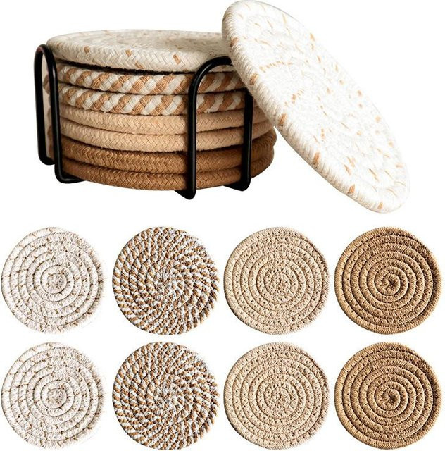 8-teiliges Set saugfähige Untersetzer aus gewebter Baumwolle von SZwatch in Beige im Boho-Stil - Bild 1