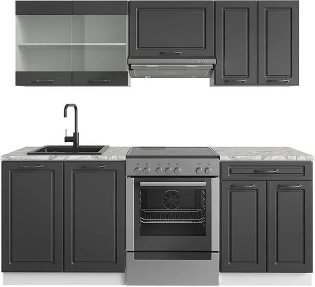 Vicco R-Line Küchenzeile Landhausstil in Anthrazit und Weiß mit Marmor-Optik, Breite: 200 cm - Bild 1