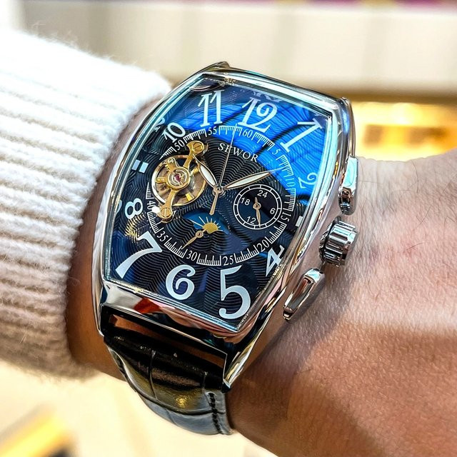 AOKULASIC Armbanduhr Automatik, Tonneau, Blau, Gold, Silber, Edelstahl, Leder, Herren - Bild 1